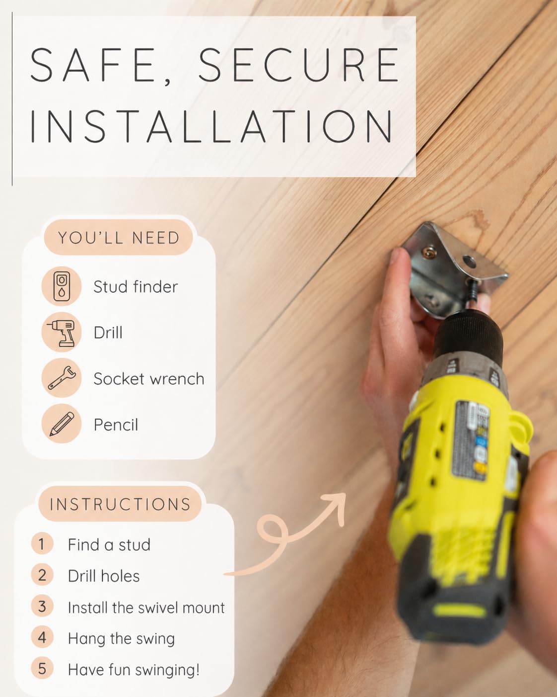 Drilling the swivel ceiling mount into a wood ceiling joist
