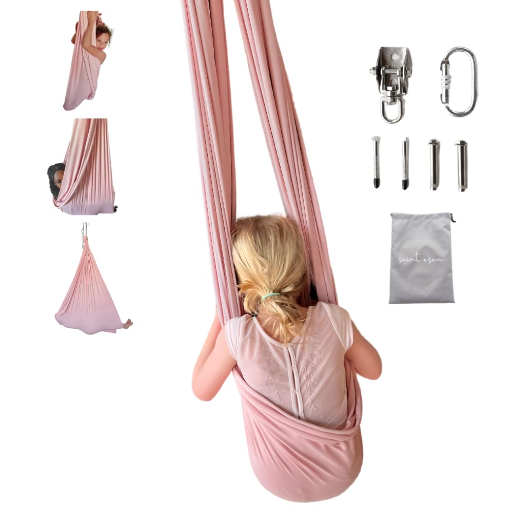 Saint Esen sensory swing in Sweet Pink with the included ceiling mount, carabiner, bolts and storage bag