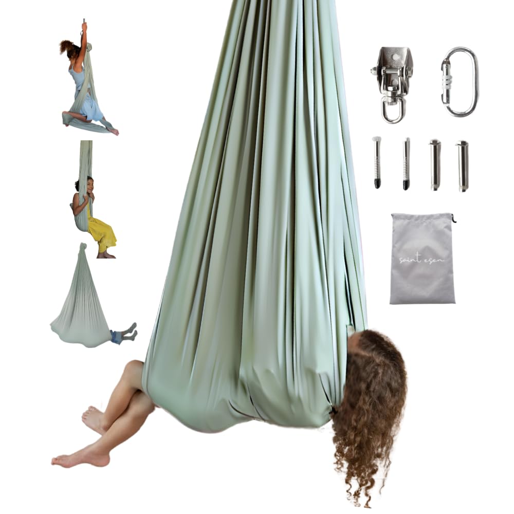 Saint Esen sensory swing in Soft Sage with the included ceiling mount, carabiner, bolts and storage bag