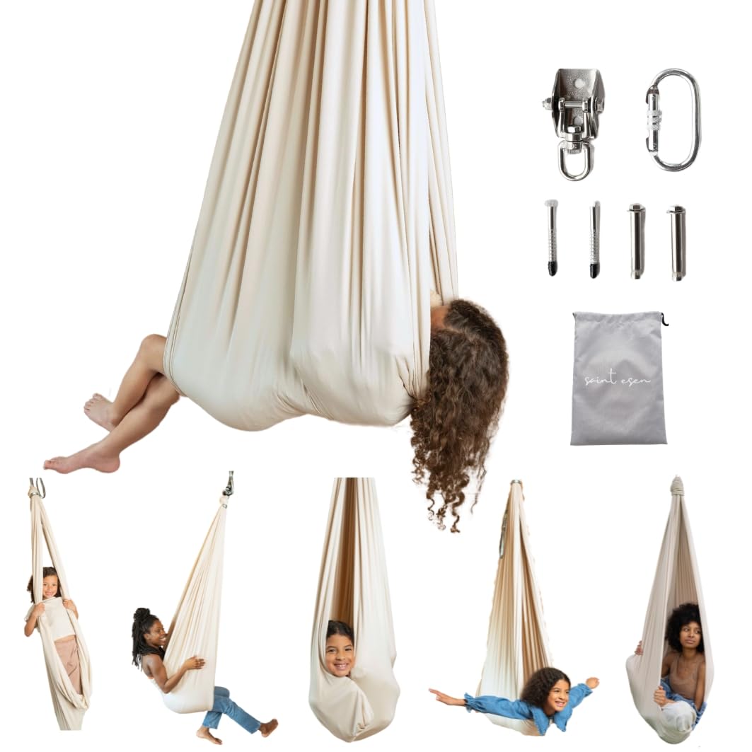 Saint Esen sensory swing in Aspen Beige with the included ceiling mount, carabiner, bolts and storage bag